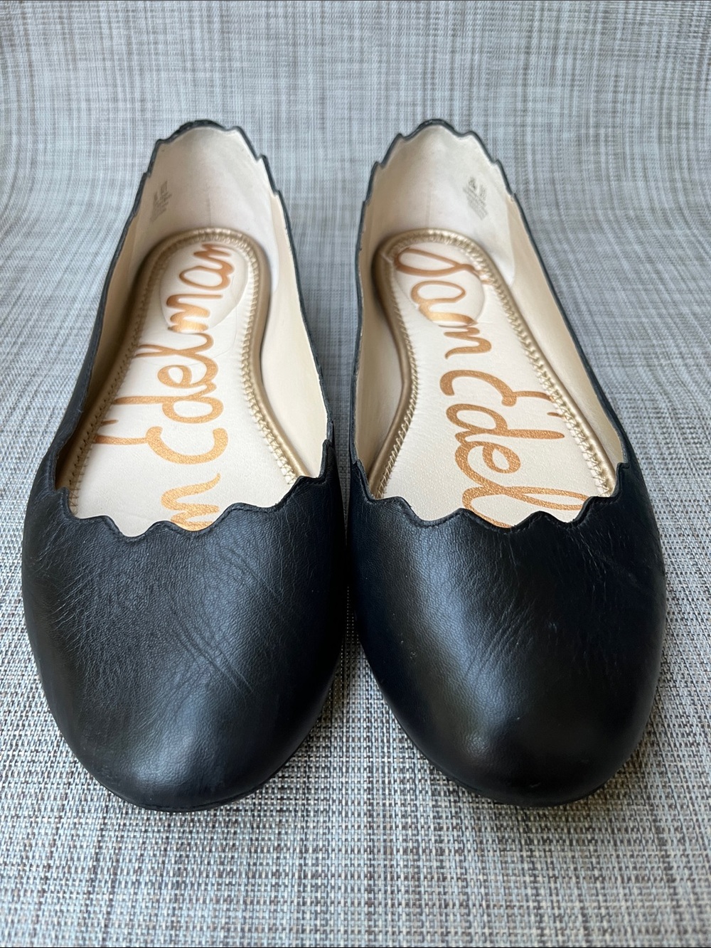 Sam Edelman Black Scalloped-Edge Leather Ballet Flats Shoes